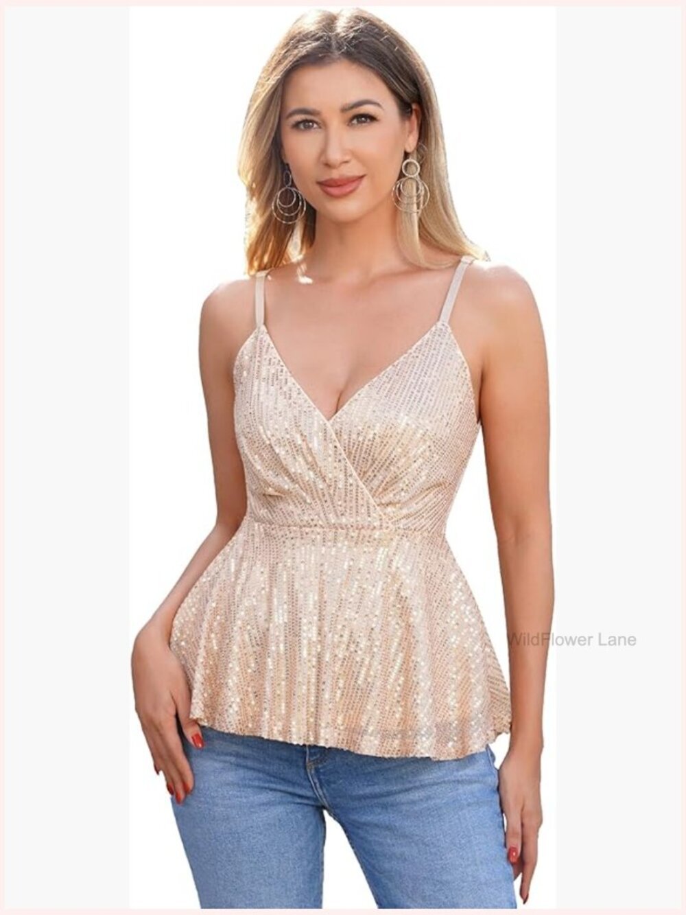 Sequin V Neck Strappy Tank Top Sleeveless Sparkle Camisole Party Club Cami Shirt